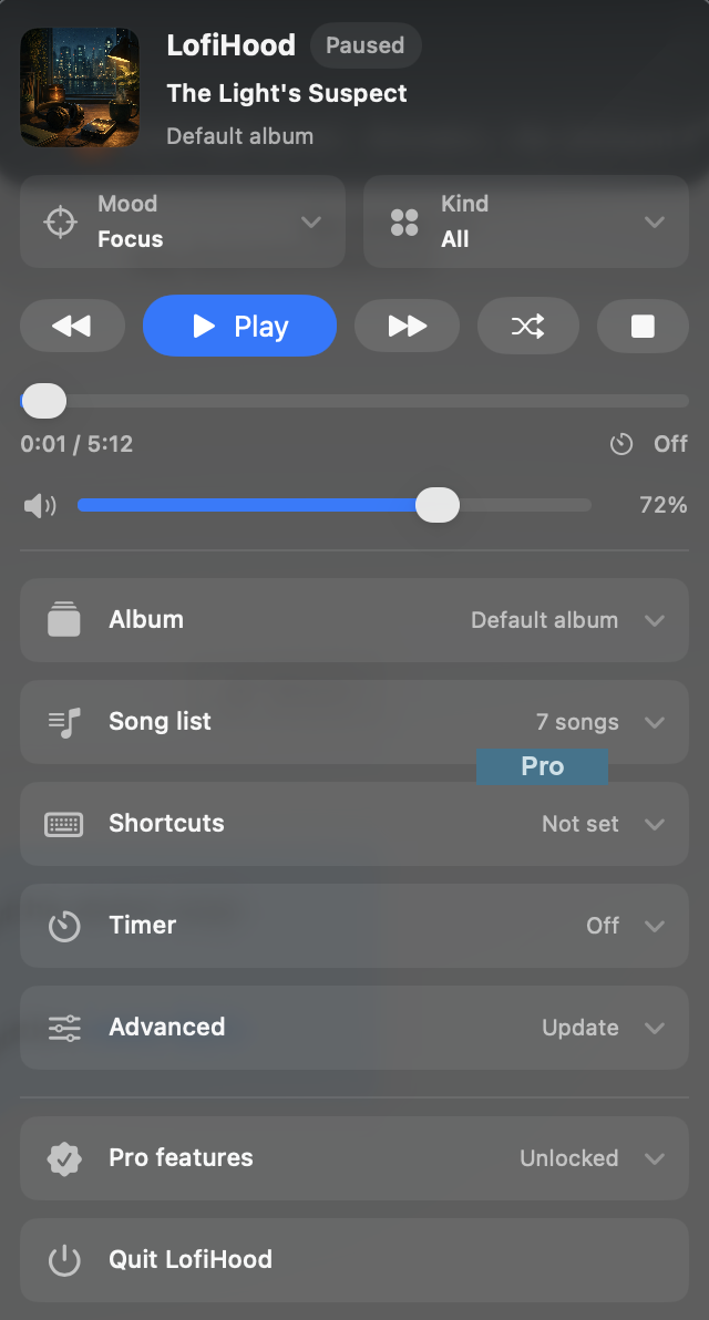 LofiHood menu bar player controls